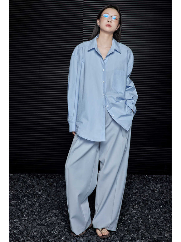Blusa Minimalista Suelta Azul de Manga Larga para Mujer