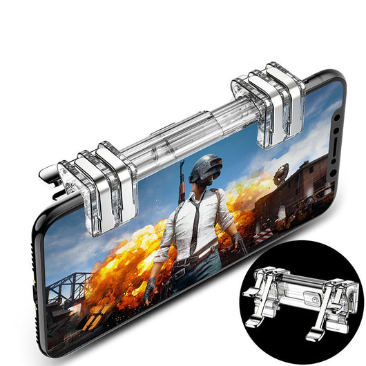 Transparent six-finger telescopic gaming trigger attached to a smartphone displaying a battle royale game.