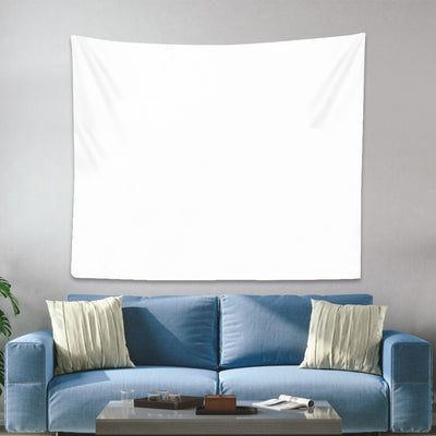 White customizable tapestry with "Customized tapestry" text, hanging on a gray wall above a blue sofa. - Image 3