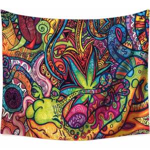 Vibrant psychedelic doodle tapestry with swirling lines, abstract shapes, and a prominent cannabis leaf design. - Image 2