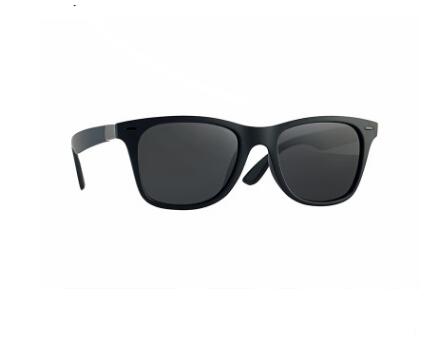 Black Wayfarer-style men's polarized sunglasses with dark gray lenses and a subtle silver accent on the temples. - Image 7