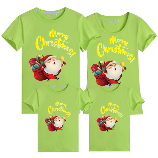 Light green parent-child short sleeve t-shirts with Santa Claus graphic and 'Merry Christmas!' text. - Image 17