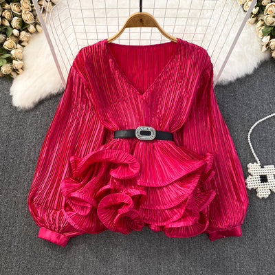 Blusa Suelta con Cuello V, Mangas Largas y Volantes en Bajo - Image 7