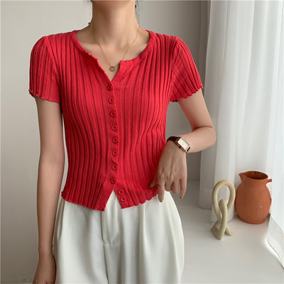 Cardigan Corto Tejido de Cintura Alta - Blusa Slim Fit Manga Corta - Image 10