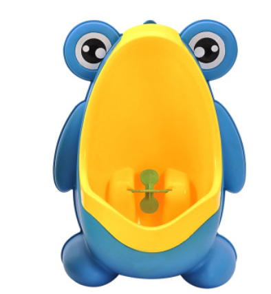 Green and orange frog-shaped children's urinal with large eyes and a spinning target for potty training. - Image 7