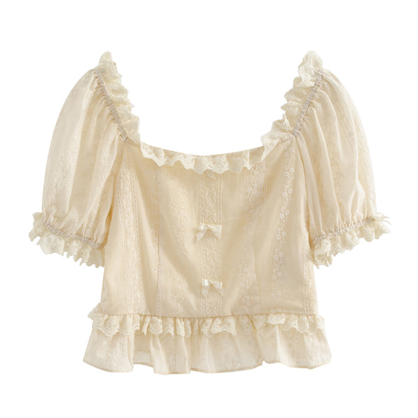 Blusa Elegante con Lazo Bordado y Encaje - Manga Corta Verano - Image 2