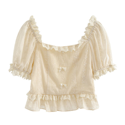 Blusa Elegante con Lazo Bordado y Encaje - Manga Corta Verano - Image 2