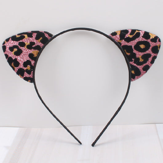 Diadema con Orejas de Gato Aterciopeladas con Glitter y Estampado de Leopardo - Image 5