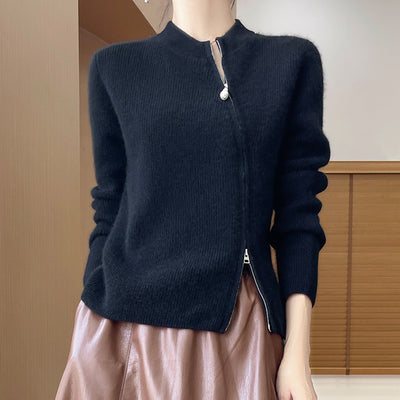 Cardigan Tejido Mujer Cuello Redondo Cremallera Oblicua Ajustado - Image 3