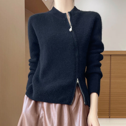 Cardigan Tejido Mujer Cuello Redondo Cremallera Oblicua Ajustado - Image 3