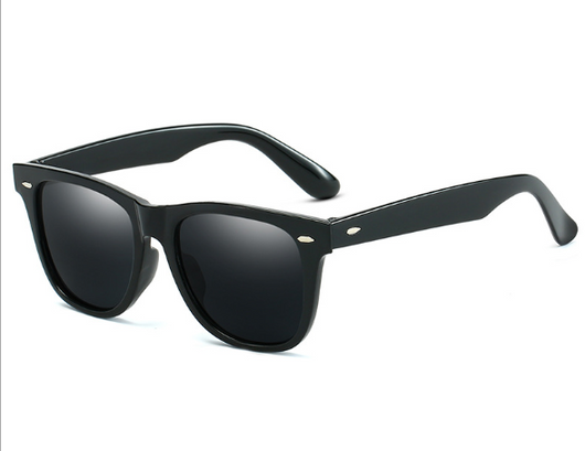 Black Wayfarer-style sunglasses with silver mirrored lenses and small gold accents on the frame. - Image 3