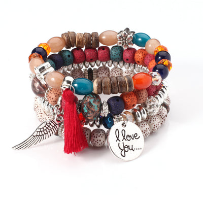 Pulsera Cristal Piedra Volcánica Multicapa con Borla Ala para Mujer - Image 10