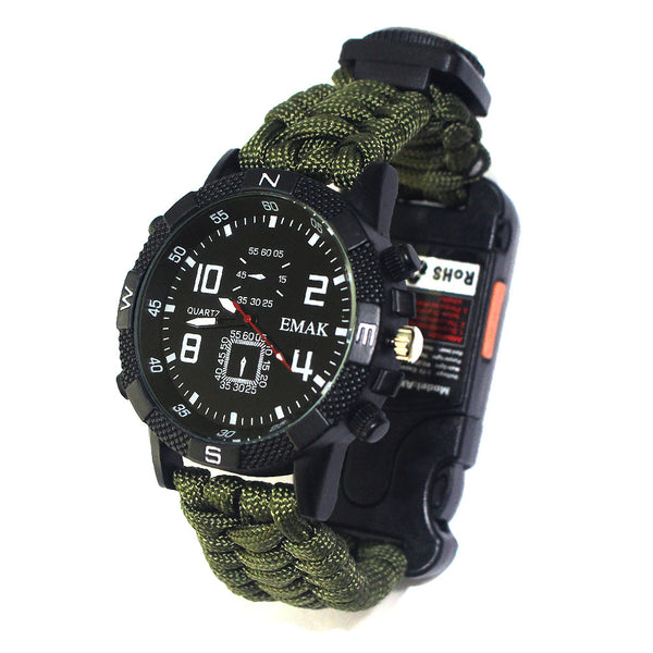 Reloj de Supervivencia Táctica AK17 con Brújula Multifunción y Cuerda Paracord Tejida