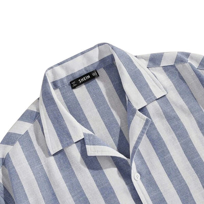 Camisa de Rayas Algodón y Lino con Cuello Solapa y Mangas Cortas - Image 4