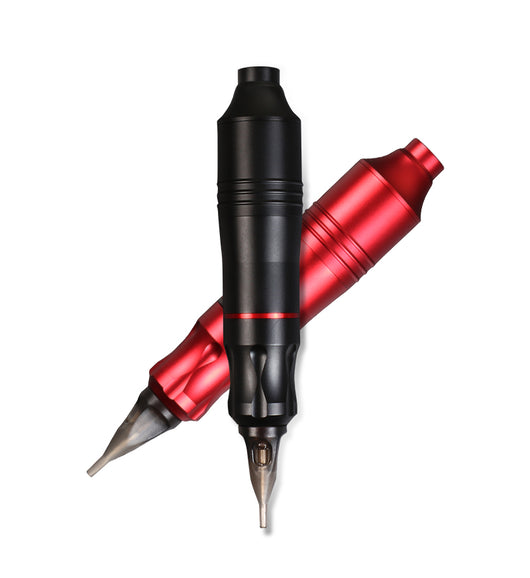 Red Robert tattoo pen, a sleek cylindrical rotary machine with a textured grip, shown against a white background.
