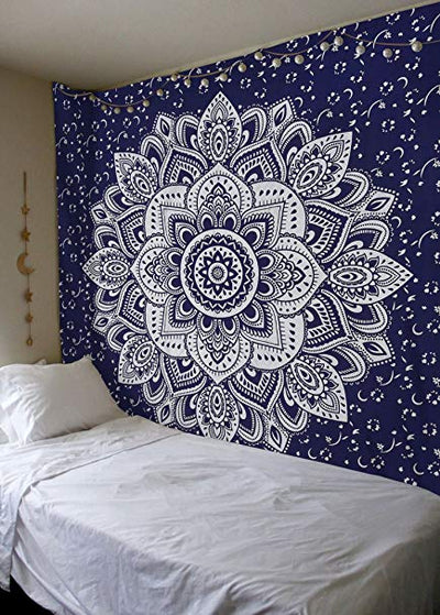 Navy blue tapestry with a large gold mandala pattern and smaller gold floral designs, made of polyester. - Image 18