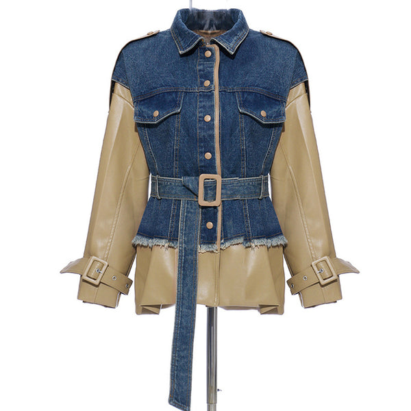 Chaqueta de Cuero con Costuras Denim