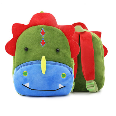 Cute green plush dinosaur backpack with red spikes, a blue front pocket, and yellow horn, for kindergarten children. - Image 5