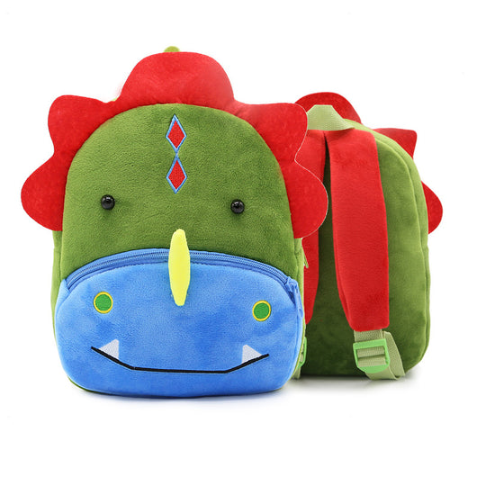 Cute green plush dinosaur backpack with red spikes, a blue front pocket, and yellow horn, for kindergarten children. - Image 5