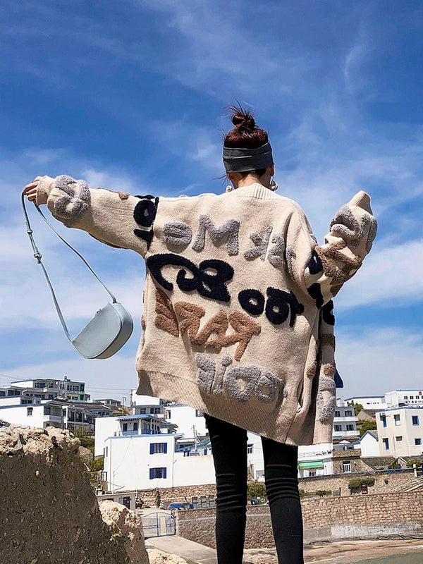 Cardigan Grueso Oversized con Letras - Suéter Voluminoso