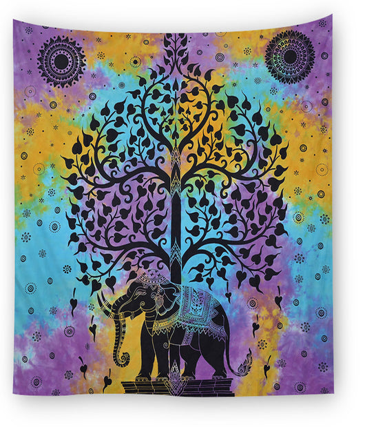 Colorful tie-dye tapestry with a black silhouette of an elephant under a tree with heart-shaped leaves and mandala patterns. - Image 2