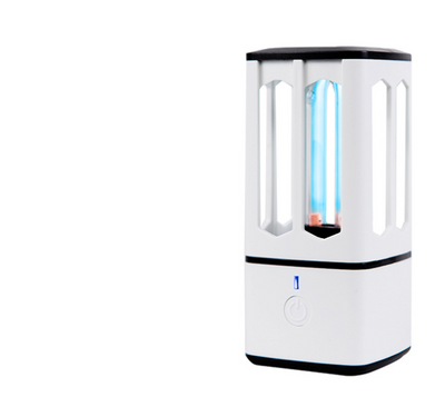 White portable UV disinfection lamp with a black top and base, featuring a visible blue UV light tube and power button. - Image 12
