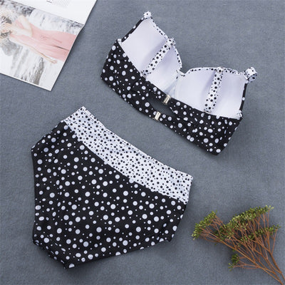 Retro black and white polka dot bikini with a tie-front top and high-waisted bottom. - Image 5