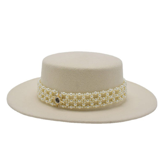 Sombrero de Fieltro para Mujer con Ala Ancha y Cadena de Perlas - Image 5
