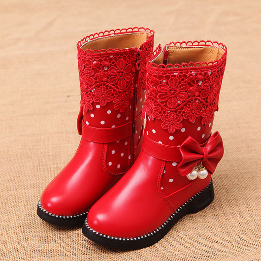 Pink girls' boots with lace trim, polka dots, side zippers, and decorative bows with pearl charms. - Image 3