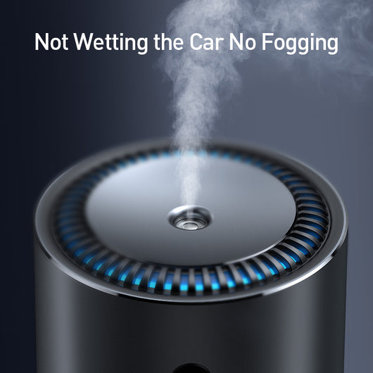 Dark gray cylindrical vehicle-mounted humidifier with a power button, mist outlet, and water level indicator. - Image 4