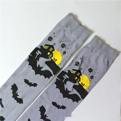 Medias Largas Hasta la Rodilla con Estampado Halloween - Telaraña, Murciélagos, Calaveras y Castillo - Image 20