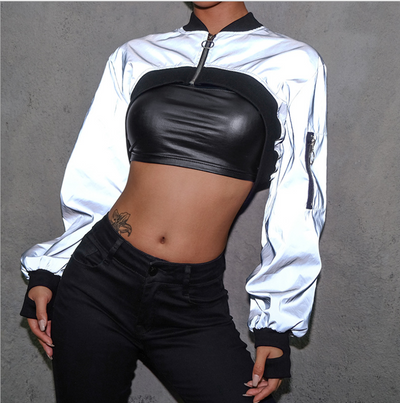 Chaqueta Hip Hop Reflectante Suelta para Mujer - Sudadera Deportiva con Cierre