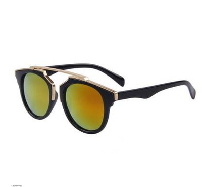 Black cat-eye sunglasses with gold accents and orange-yellow mirrored lenses on a white background. - Image 6