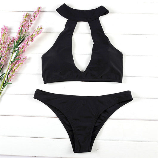 Black two-piece bikini with a high-neck halter top featuring a deep V-neck and matching classic bikini bottoms. - Image 5