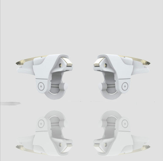 Two white and gold mobile gaming triggers for smartphones, designed to enhance gameplay with auxiliary firing.