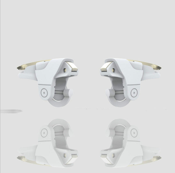 Two white and gold mobile gaming triggers for smartphones, designed to enhance gameplay with auxiliary firing.