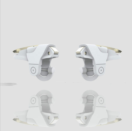Two white and gold mobile gaming triggers for smartphones, designed to enhance gameplay with auxiliary firing.