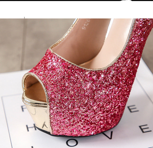Tacones Plataforma Stiletto Degradé con Lentejuelas y Punta Abierta