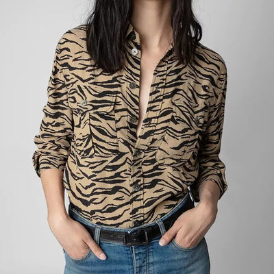 Camisa Larga Estampado Tigre para Mujer - Estilo Francés Otoño Temprano