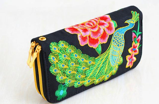 Billeteras con Bordado de Pavo Real