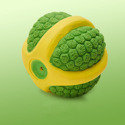 Green and yellow textured dog teething and training sound toy made of soft latex material. - Image 8