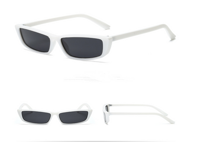 Black retro square sunglasses with small rectangular lenses, shown from top, front, and side views. - Image 11