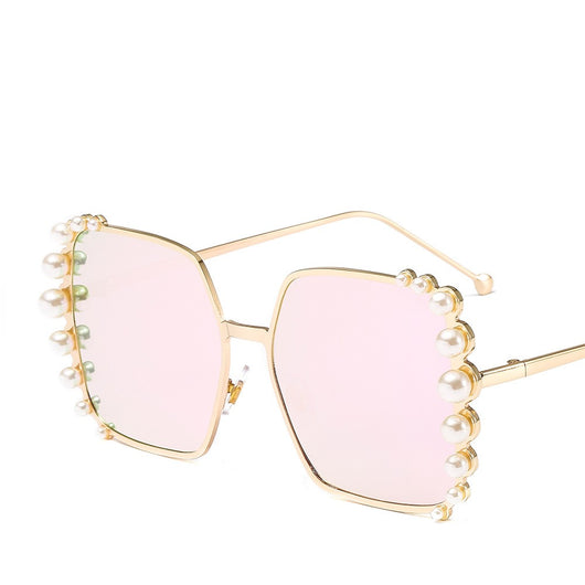 Oversized hexagonal sunglasses with gold-tone metallic frames, light pink lenses, and faux pearl embellishments. - Image 8