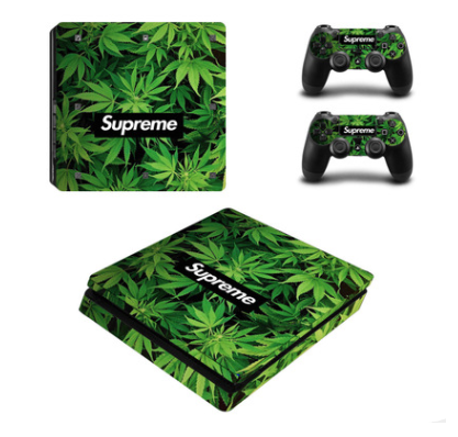 PS4 Slim console and controller skins featuring a vibrant green cannabis leaf pattern with a white Supreme logo. - Image 3