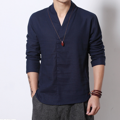 Camisa Lino Manga Larga Estilo Chino Retro para Hombre - Image 3