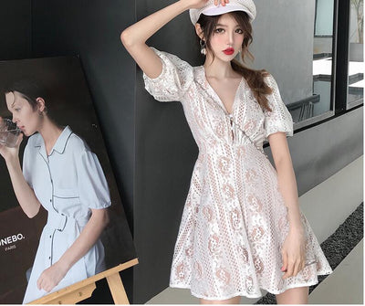 Vestido Retro Vintage de Encaje con Mangas Abullonadas y Cuello en V - Image 12
