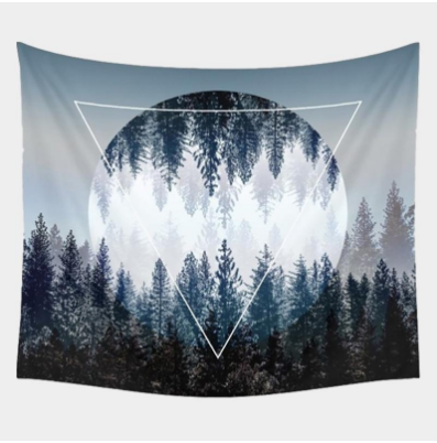 Boho print tapestry featuring a forest landscape with a large circular element of inverted trees and a white geometric triangle overlay. - Image 2