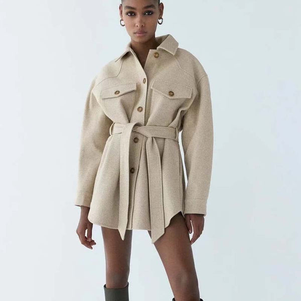 Chaqueta Tipo Camisa Cinturada para Mujer - Abrigo Ligero Otoño Invierno