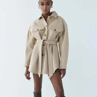 Chaqueta Tipo Camisa Cinturada para Mujer - Abrigo Ligero Otoño Invierno