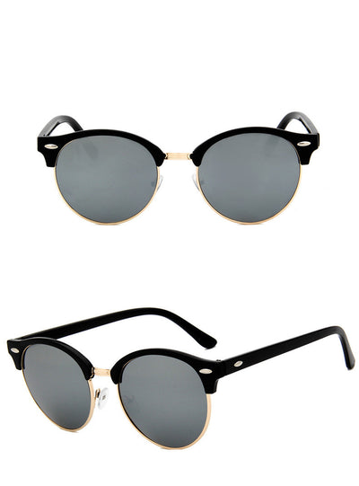 Retro clubmaster sunglasses with black frames, dark lenses, and gold-tone metal accents, shown from multiple angles. - Image 11